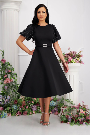 Midi dresses, Black dress midi cloche lateral pockets with puffed sleeves strass - StarShinerS.com