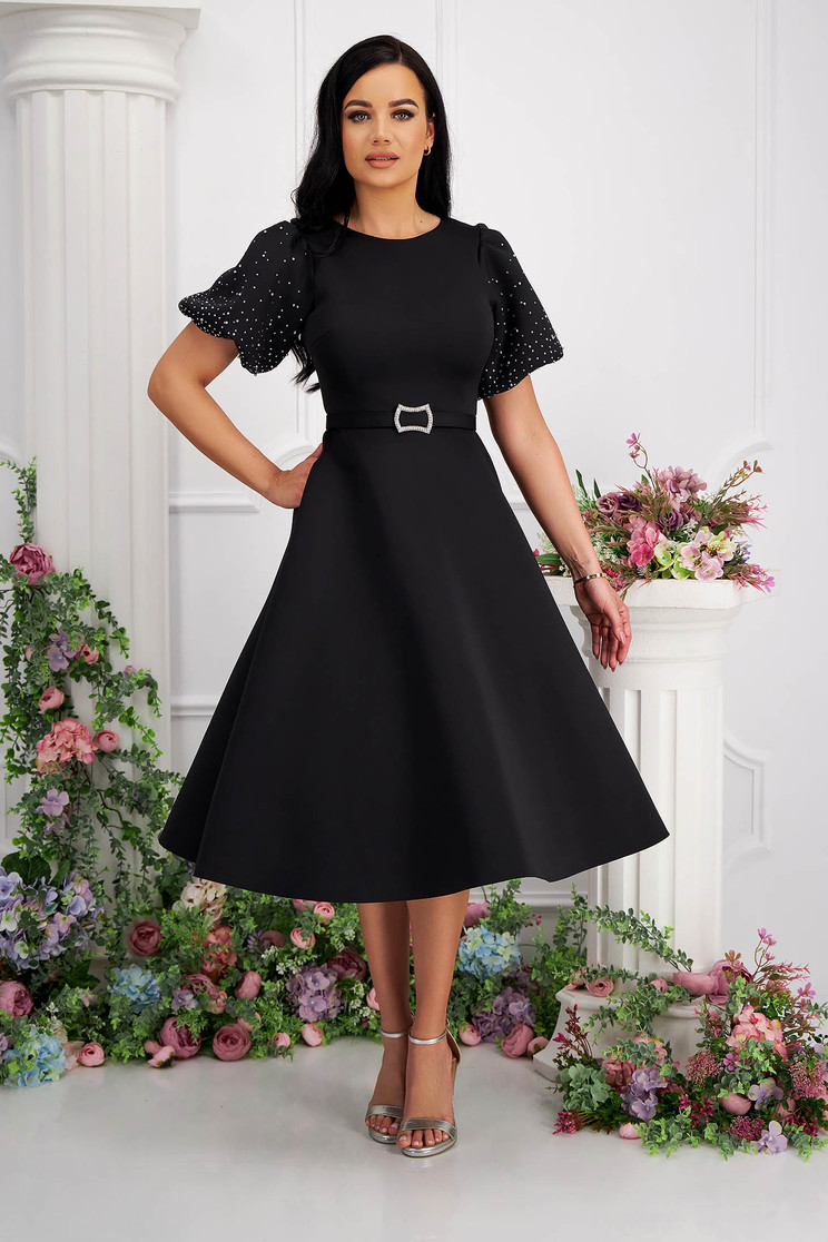 Dresses with rhinestones, Black dress midi cloche lateral pockets with puffed sleeves strass - StarShinerS.com