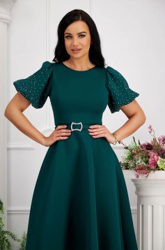Darkgreen dress midi cloche lateral pockets with puffed sleeves strass