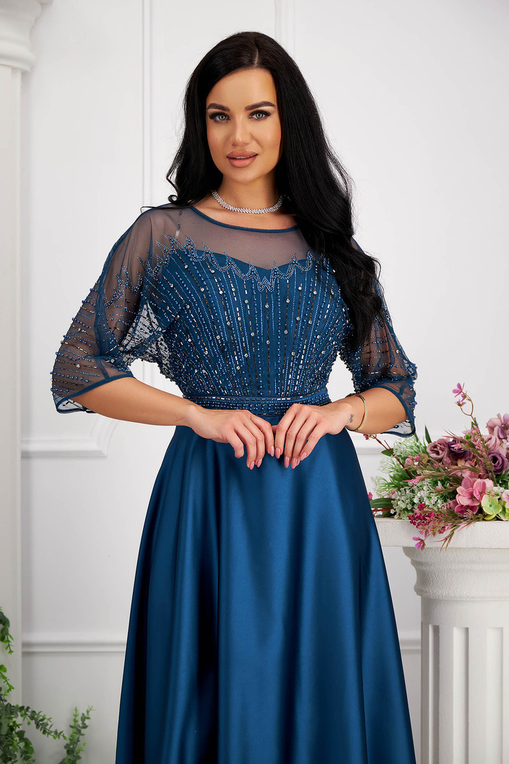 Dresses with rhinestones, Petrol blue dress midi cloche taffeta laced strass - StarShinerS.com