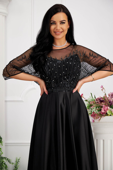 Dresses with rhinestones, Black dress midi cloche taffeta laced strass - StarShinerS.com