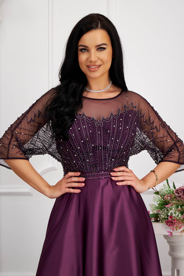 Dresses with rhinestones, Purple dress midi cloche taffeta laced strass - StarShinerS.com