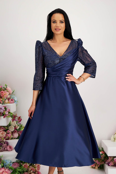 Mother in law dresses, Dark blue dress laced taffeta cloche high shoulders with glitter details - StarShinerS.com