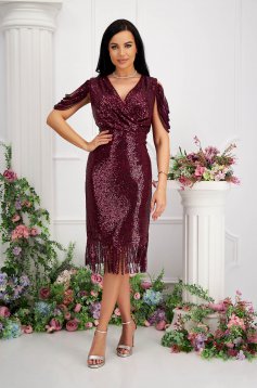 Burgundy dress midi pencil with sequins wrap over front fringes