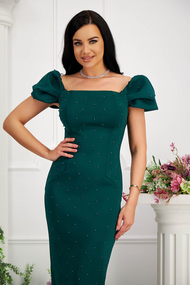 Rochie din neopren verde-inchis midi tip creion cu aplicatii cu perle