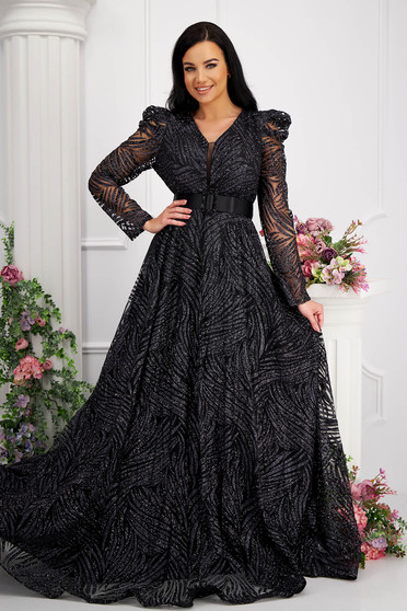 Tulle dresses, Black dress long cloche from tulle with glitter details high shoulders - StarShinerS.com