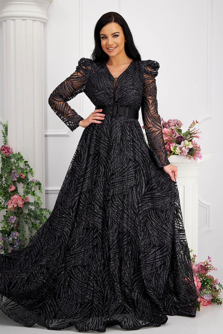 Long sleeve dresses, Black dress long cloche from tulle with glitter details high shoulders - StarShinerS.com