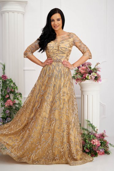 Plus Size Dresses, Gold dress from tulle cloche long with glitter details with crystal embellished details accessorized with tied waistband - StarShinerS.com