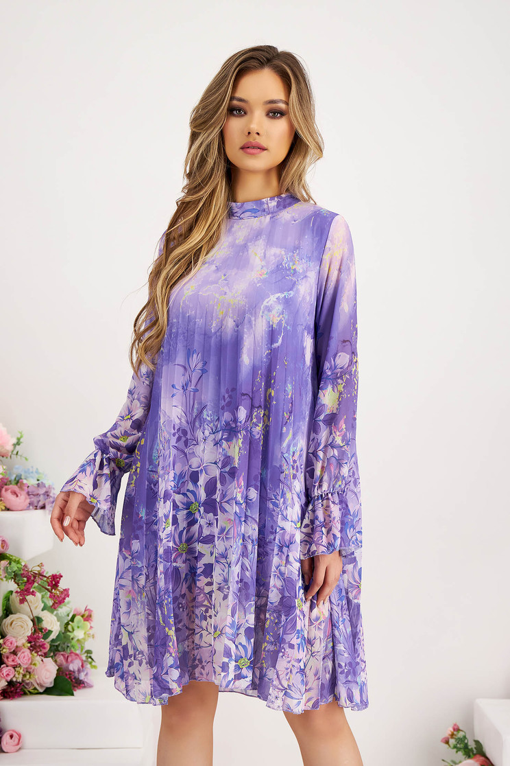 Dress from veil fabric pleated short cut loose fit with floral print