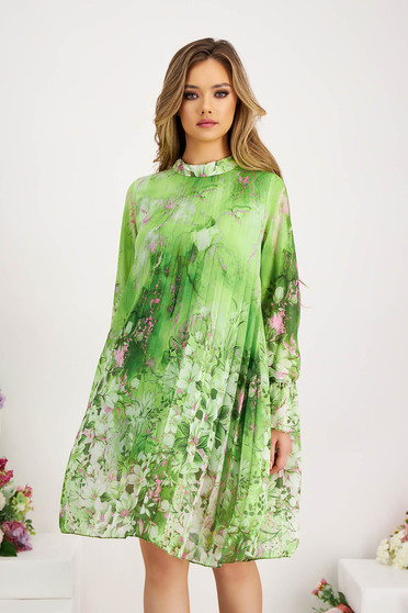Online Dresses, Dress from veil fabric pleated short cut loose fit with floral print - StarShinerS.com