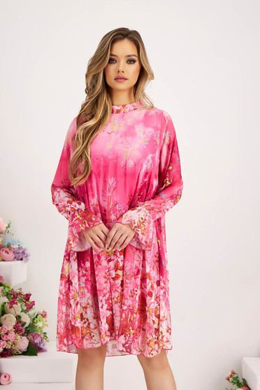 Long sleeve dresses, Dress from veil fabric pleated short cut loose fit with floral print - StarShinerS.com