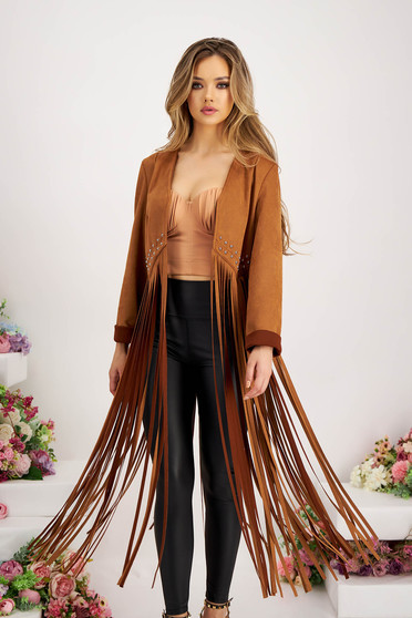 Sales cardigans, Brown cardigan from ecological leather from suede fringes with metallic spikes - StarShinerS.com