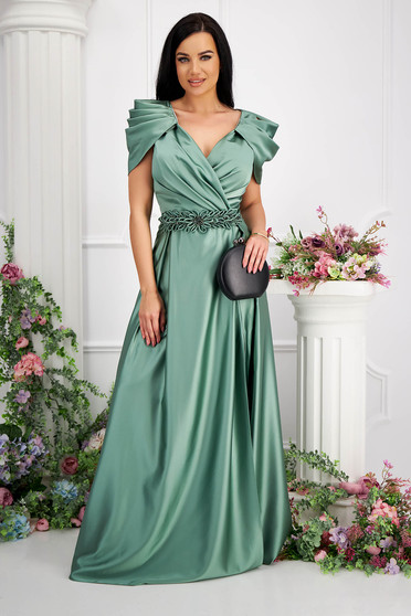 Evening dresses, Green dress taffeta long cloche wrap over front with raised flowers - StarShinerS.com