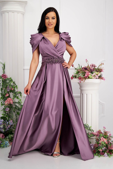 Long dresses, Lightpurple dress taffeta long cloche wrap over front with raised flowers - StarShinerS.com