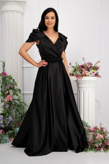 Dresses with pearls, Black dress taffeta long cloche wrap over front with raised flowers - StarShinerS.com
