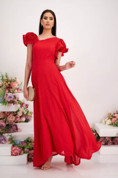 Red Georgette Dress with Glitter Applications, Asymmetric A-Line with Ruffle at the Shoulder - StarShinerS