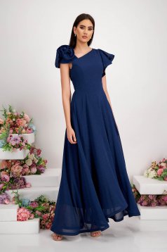 Navy Georgette Dress with Glitter Applications, Asymmetrical A-line with Ruffle at Shoulder - StarShinerS
