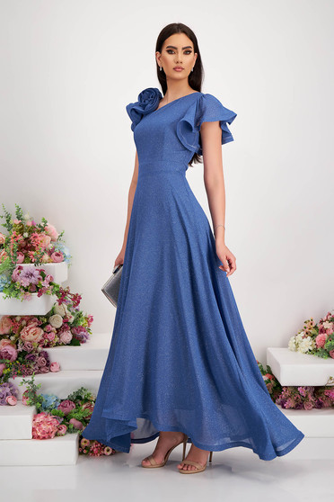 Georgette Dress with Blue Glitter Applications, Asymmetrical A-line with Ruffle at the Shoulder - StarShinerS