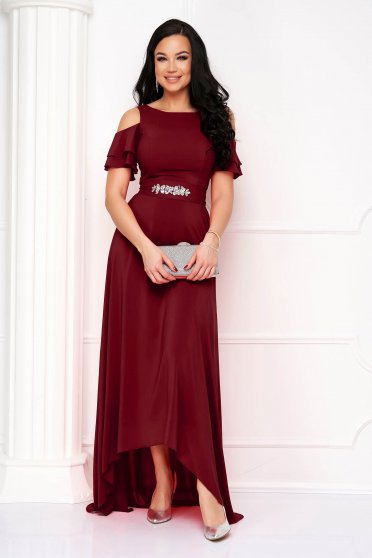 Prom dresses, - StarShinerS burgundy dress voile fabric asymmetrical long both shoulders cut out - StarShinerS.com