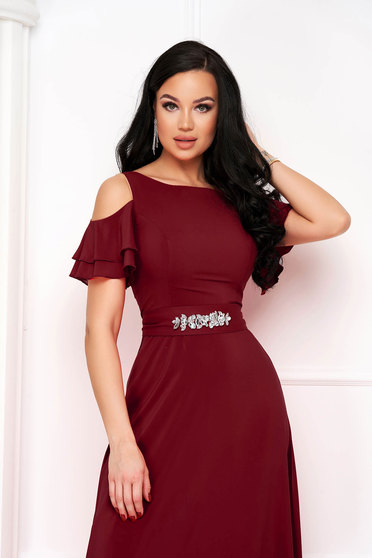 Dresses with rhinestones, - StarShinerS burgundy dress voile fabric asymmetrical long both shoulders cut out - StarShinerS.com