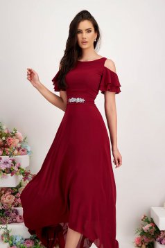 - StarShinerS burgundy dress voile fabric asymmetrical long both shoulders cut out