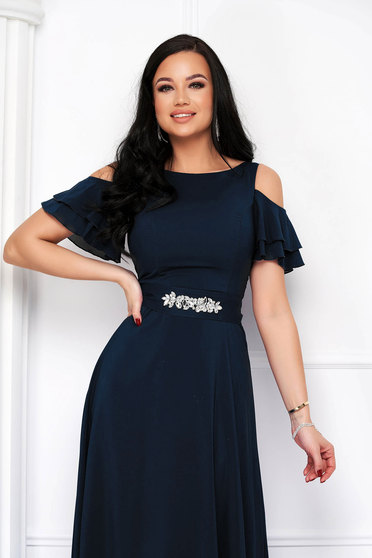 Dresses with rhinestones, - StarShinerS dark blue dress voile fabric asymmetrical long both shoulders cut out - StarShinerS.com