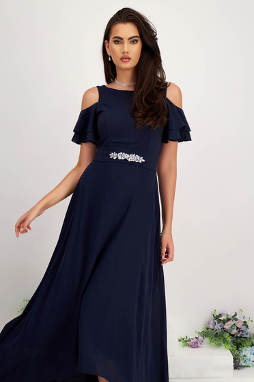 Godmother dresses, - StarShinerS dark blue dress voile fabric asymmetrical long both shoulders cut out - StarShinerS.com