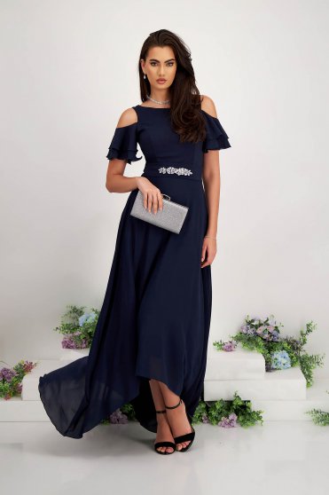 Dresses with rhinestones, Navy Blue Asymmetric Long Chiffon Dress with Cutout Shoulders - StarShinerS - StarShinerS.com
