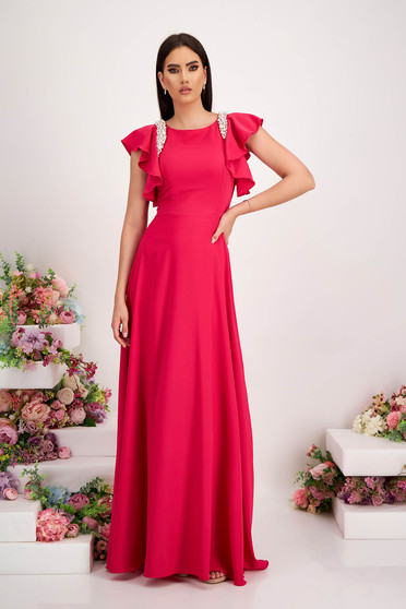 Long pink veil dress with ruffles and pearl applications on the shoulders - StarShinerS