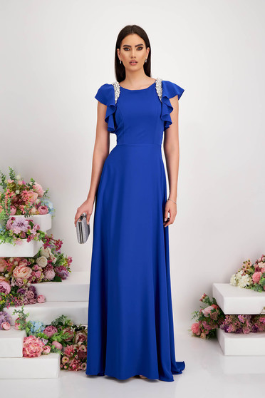 Evening dresses, - StarShinerS blue dress from veil fabric long cloche with pearls with ruffle details - StarShinerS.com