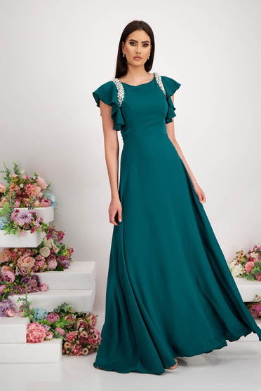 Long petrol green veil dress with ruffles and pearl applications on the shoulders - StarShinerS