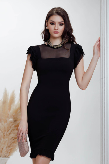 Dresses with rhinestones, Black dress crepe midi pencil accesorised with necklace - StarShinerS.com