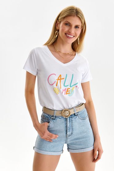 Casual T-shirts, White t-shirt cotton loose fit with print details - StarShinerS.com
