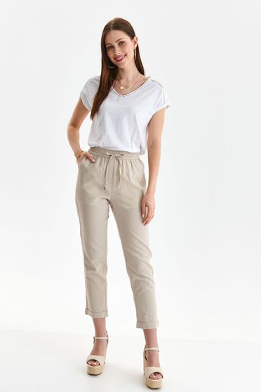 Reduceri pantaloni casual conic, Pantaloni din in crem lungi conici cu talie normala si buzunare laterale - Top Secret - StarShinerS.ro