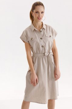 Beige dress linen cloche with elastic waist with faux pockets detachable cord