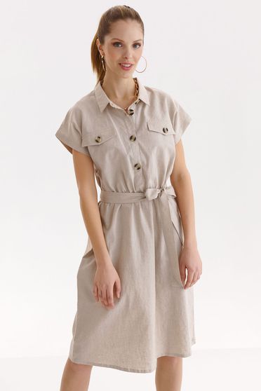 Day dresses, Beige dress linen cloche with elastic waist with faux pockets detachable cord - StarShinerS.com