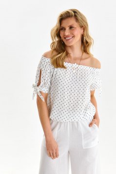 White women`s blouse thin fabric naked shoulders with cut-out sleeves
