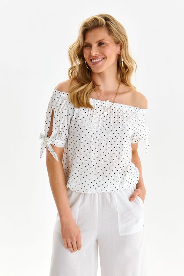 White women`s blouse thin fabric naked shoulders with cut-out sleeves