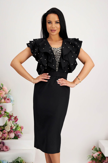 Ruffled dresses, Black dress elastic cloth pencil with ruffle details with pearls - StarShinerS.com