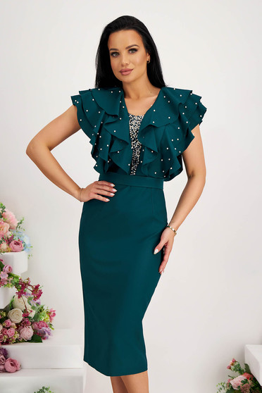Ruffled dresses, Darkgreen dress elastic cloth pencil with ruffle details with pearls - StarShinerS.com