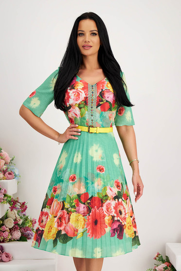 Dresses with rhinestones, Pleated dress made of thin material in flared style with belt accessory - StarShinerS.com