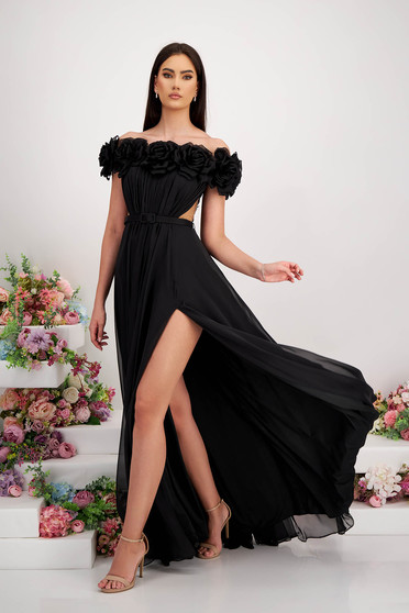 Black dress long cloche from veil fabric with raised flowers naked shoulders