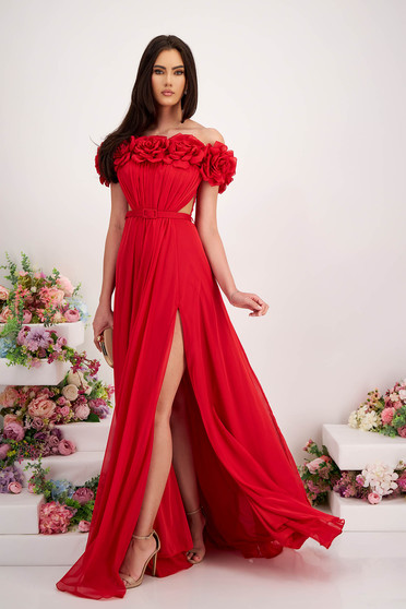 Bridesmaid Dresses - Page 2, Red dress long cloche from veil fabric with raised flowers naked shoulders - StarShinerS.com