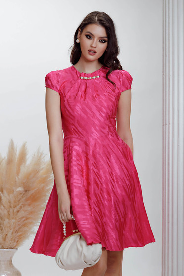 Dresses with rhinestones, Pink satin dress in a-line with side pockets accessorized with a metallic chain - Fofy - StarShinerS.com