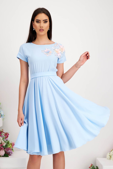 Light Blue Midi Triple Veil Dress in Clos with Elastic Waist and Floral Embroidery - StarShinerS