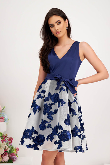 Dresses with rhinestones, Navy blue short taffeta dress with belt accessory - StarShinerS - StarShinerS.com