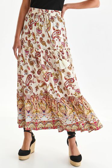 Skirt thin fabric midi cloche with elastic waist is fastened around the waist with a ribbon