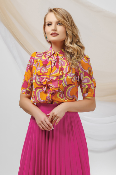 Orange voile fitted ladies' blouse with ruffled collar - PrettyGirl