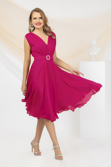 Dresses with rhinestones, Fuchsia Chiffon Midi Dress in A-line Style, Accessorized with a Rhinestone Buckle - PrettyGirl - StarShinerS.com