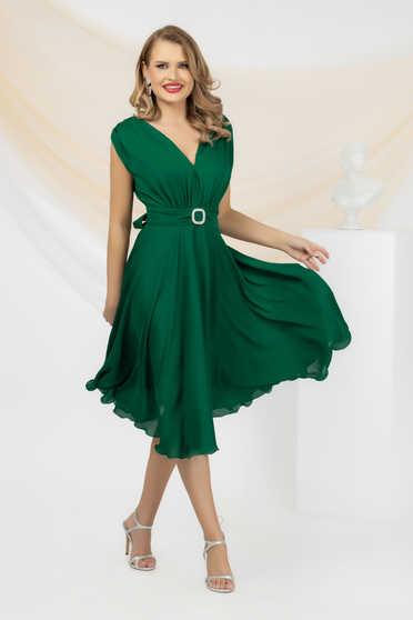 Rochie din voal verde-inchis midi in clos accesorizata cu o catarama cu pietre strass - PrettyGirl
